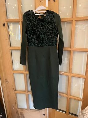 Dark Green Long Sleeve Fitted Midi Dress with Floral Appliqué